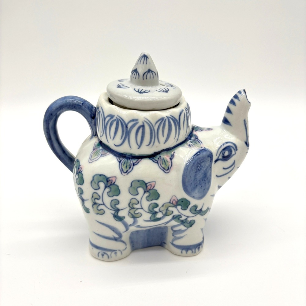 Vintage Blue White Ceramic Elephant Teapot Floral Chinoiserie Decorative Tea Pot
